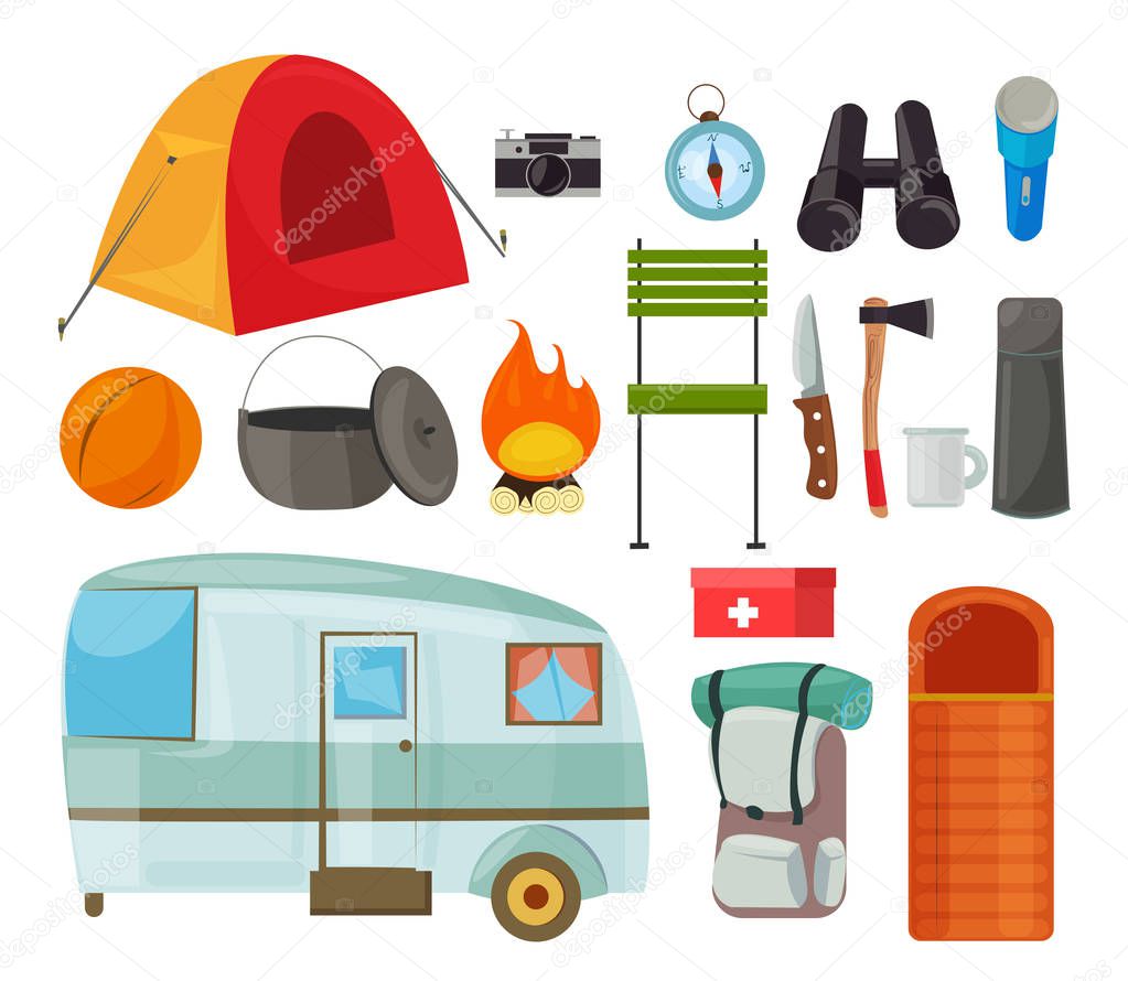 Tourism equipment flat vector illustrations set. Camping items color drawing. Tourist tent, backpack isolated cliparts pack. Traveller trailer caravan. Tekking, hiking journey tools design elements.