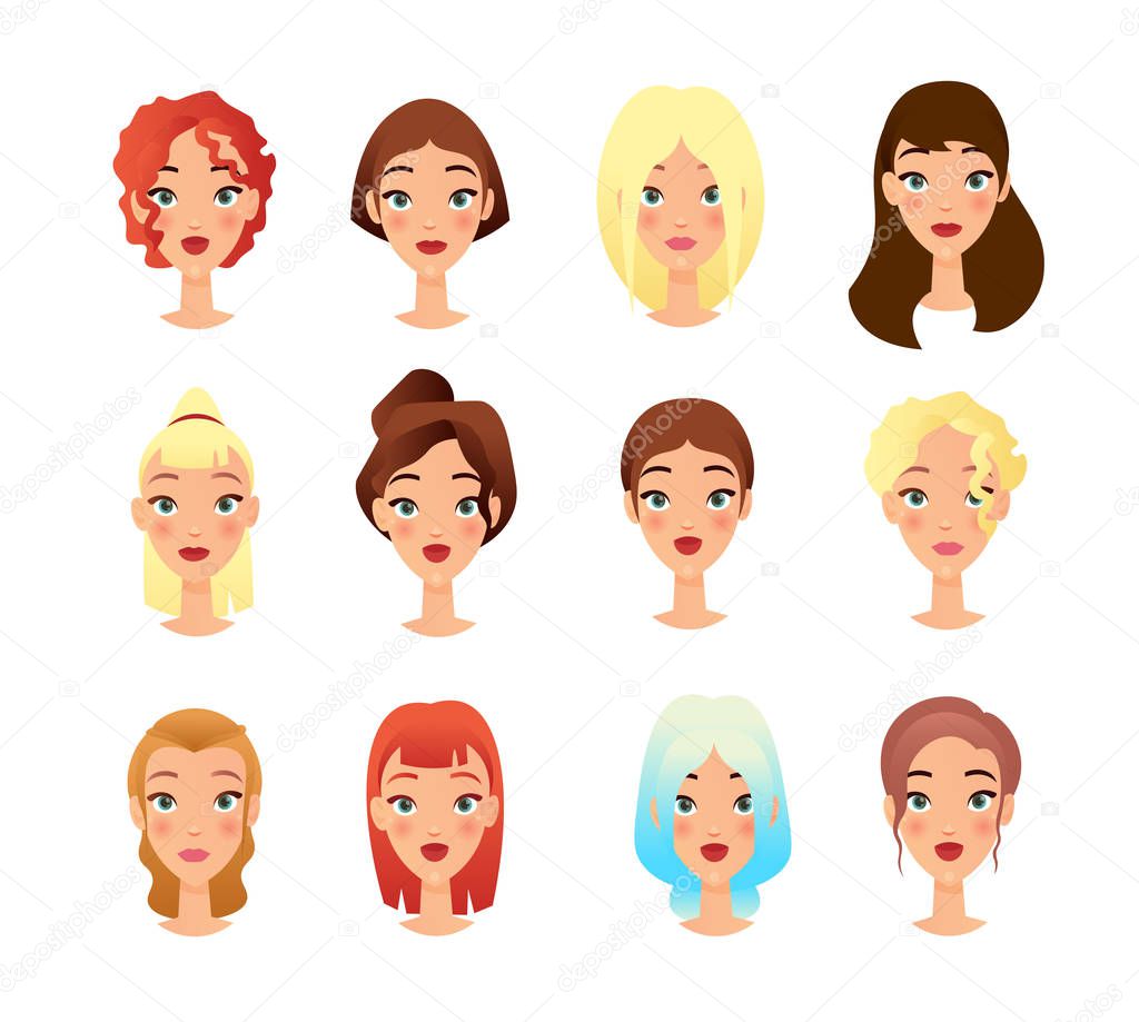Young girls faces flat vector illustrations set