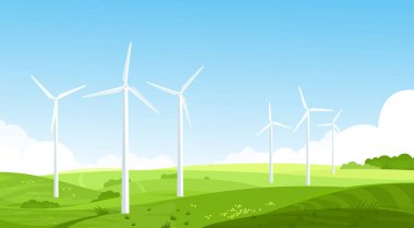 Çayır düz vektör illüstrasyonunda rüzgar türbinleri. Rüzgar enerjisi dönüştürücüsü. Yenilenebilir kaynak. Enerji endüstrisi ve enerji sektörü. Yaz manzarası, kırsal manzara, kırsal doğa sabah saflığında.