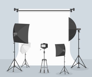 Fotoğraf ekipmanları düz vektör çizimi, fotoğraf çekmek için beyaz arkaplan. Farklı kamera lensleri. Profesyonel fotoğraf stüdyosu aksesuarları. Softbox ve tripodlar. Fotoğrafçı, kameraman araçları