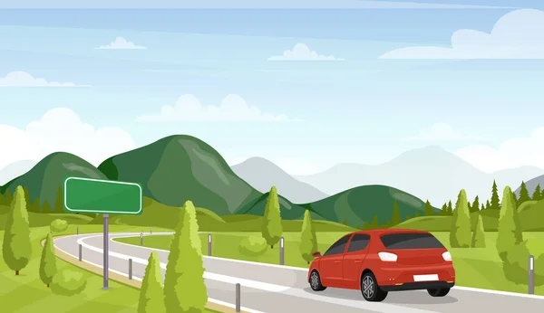 Araba yolculuğu, düz vektör çizimi. Karayolunda bir minivan ve boş bir trafik levhası. Manzarası, güzel manzarası. Yaz tatili, tatil macerası. Kişisel ulaşım.