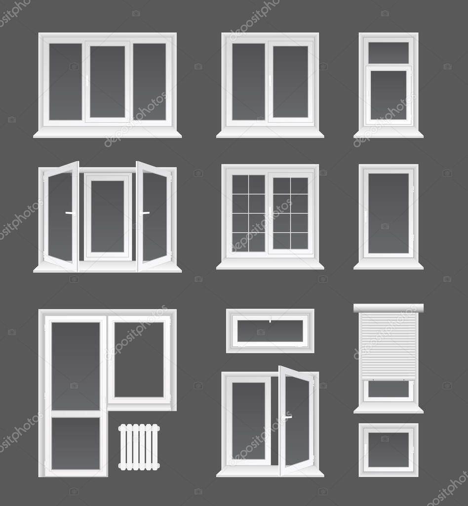 Plastic windows flat vector illustrations set. House interior, exterior decor elements, Modern architecture, glazing service symbols. Different white casements with jalousie, doors and heating battery