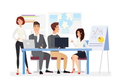 Düz vektör illüstrasyonuyla iş görüşmesi. Üst düzey yöneticiler iş planını, proje sunumunu tartışıyor. İş arkadaşları dizüstü bilgisayarlarla mali rapor hazırlıyorlar. Yatırımcıları çizgi film karakterine ikna eden iş adamları