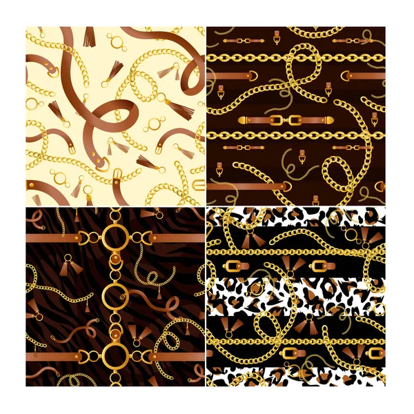 Golden chains and animalistic print vector seamless patterns set. Realistic brown belt with buckle on black background. Gold necklace with tassels decor. Tiger, leopard fur textile, fabric design. — Stock Vector