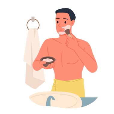 Sabahları evdeki tuvaletteki adamın günlük tıraş rutini. Tıraş olmak için fırça ve krem tutan genç bir adam, sakallı, köpüklü, sakallı, yanaklarını tıraş eden, çizgi film çizimleri çizen bir karakter.