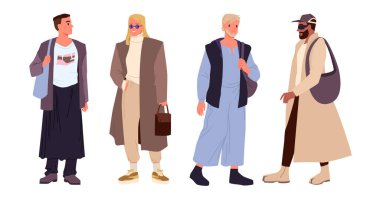 Modern moda kıyafetleri giymiş moda adamları. Genç yakışıklı erkekler günlük giysiler ve şapkalar giyer, erkek modeller şık güneş gözlüğü takar ve yürür, şık ceketler giyer.