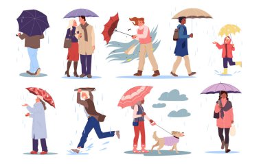 İnsanlar sonbaharda veya ilkbahar yağmur setinde şemsiyeyle yürür. Genç ve yaşlı karakterler köpekleri gezdiriyorlar ve su birikintilerinde koşuyorlar, şemsiyeli çiftler, su damlalarının vektör çizimlerinden hoşlanıyorlar.