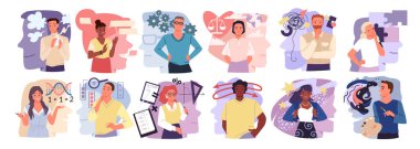 Farklı kişiliğe, yaratıcı düşüncelere, davranışlara ve psikolojiye sahip insanların MBTI tipolojisi. Duygulara odaklanmış kadın ve erkek karakterler veya mantık düşünceleri çizgi film vektör çizimi