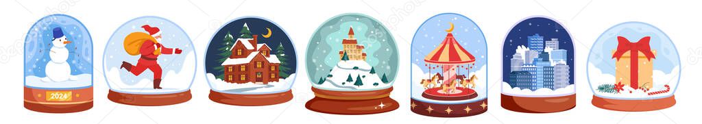 Christmas glass snow globes set. Crystal balls with winter snowy city landscape and houses, gift box and Santa Claus running with bag, Christmas tree, snowman and ballerina cartoon.