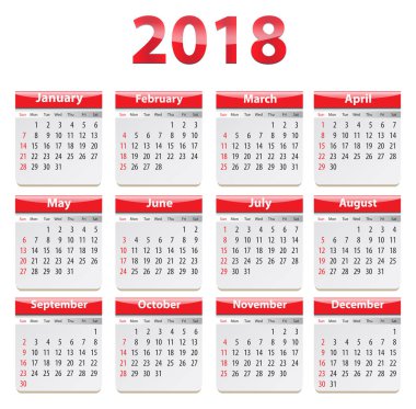 İngilizce 2018 yıl için takvim. Vektör çizim