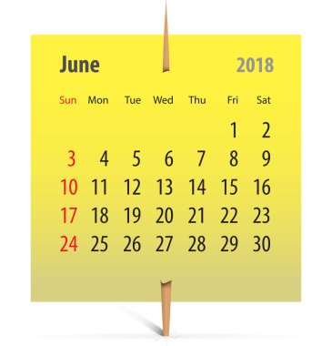 Haziran 2018 kürdan ile bağlı bir sarı etiket için takvim. Vektör çizim
