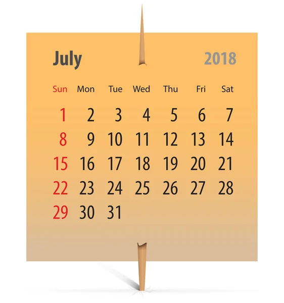 Kalender För Juli 2018 Orange Etikett Fäst Med Tandpetare Vektorillustration — Stock vektor