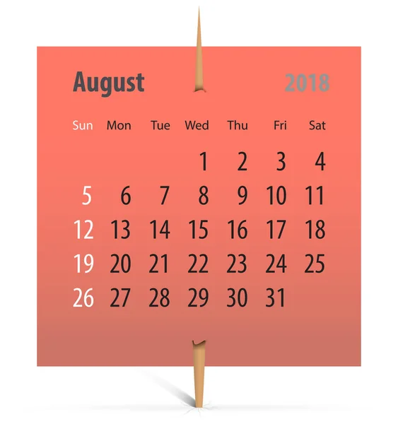 Kalendarz Sierpień 2018 Naklejce Wykałaczką Ilustracja Wektorowa — Wektor stockowy