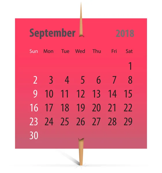 2018年9月的日历上附有牙签的红色标签 矢量插图 — 图库矢量图片