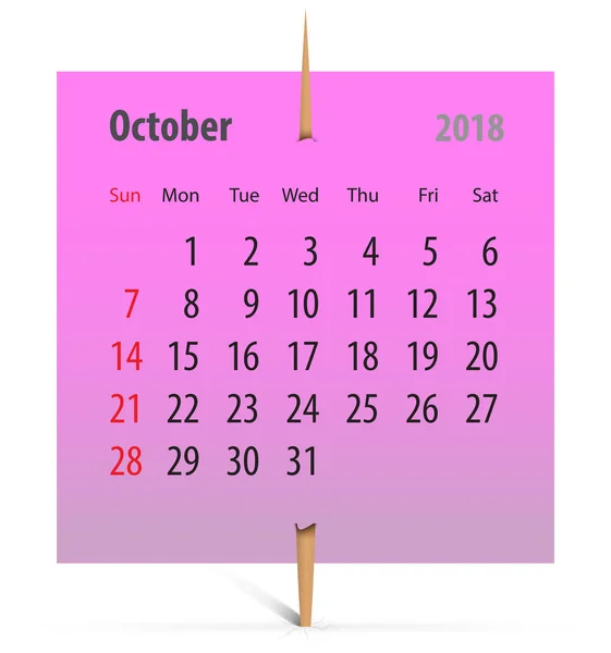 Calendar October 2018 Pink Sticker Attached Toothpick Vector Illustration — Stock Vector