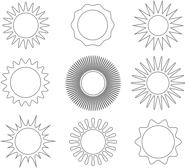 Tunn Linje Svart Och Solen Symboluppsättning Vektorillustration — Stock vektor