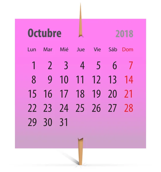 Ισπανικά Ημερολόγιο Οκτωβρίου 2018 Ένα Ροζ Αυτοκόλλητο Που Επισυνάπτεται Οδοντογλυφίδα — Διανυσματικό Αρχείο