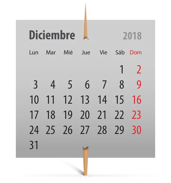 Spanska Kalender För December 2018 Grå Etikett Fäst Med Tandpetare — Stock vektor