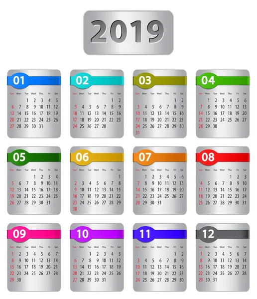 Kalendář Rok 2019 Barevnými Nálepkami Vektorové Ilustrace — Stockový vektor