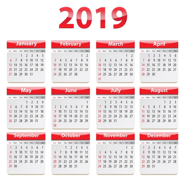 Kalendarz Rok 2019 Języku Angielskim Ilustracja Wektorowa — Wektor stockowy