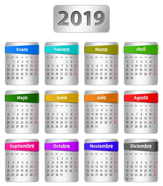 Kalendář Rok 2019 Španělštině Barevnými Nálepkami Vektor — Stockový vektor