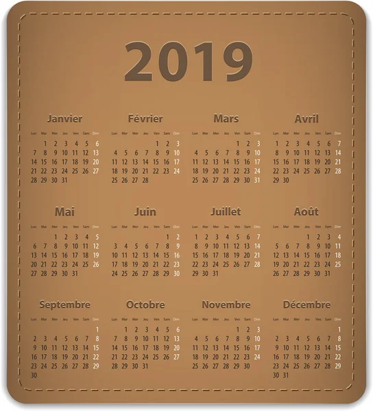 レザーの背景にフランス語で 2019 年のカレンダーです ベクトル図 — ストックベクタ