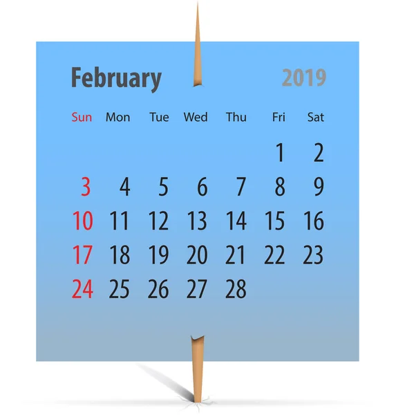 Kalender För Februari 2019 Blå Etikett Fäst Med Tandpetare Vektorillustration — Stock vektor