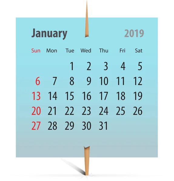 Kalendář Leden 2019 Nálepce Připevněné Párátkem Vektorové Ilustrace — Stockový vektor