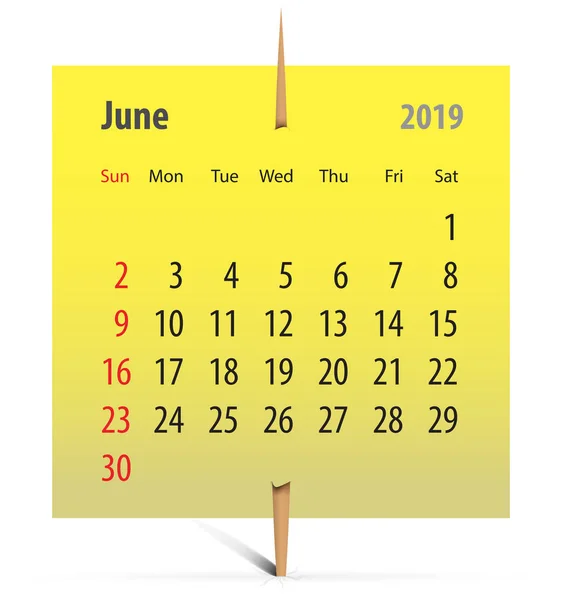 Kalendář Červen 2019 Žlutém Štítku Připojené Párátky Vektorové Ilustrace — Stockový vektor
