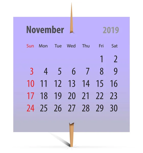 Календар Листопад 2019 Року Фіолетовій Наклейці Прикріпленій Зубочисткою Векторні Ілюстрації — стоковий вектор