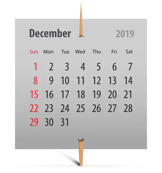 Kalender Für Dezember 2019 Auf Einem Grauen Aufkleber Mit Zahnstocher — Stockvektor