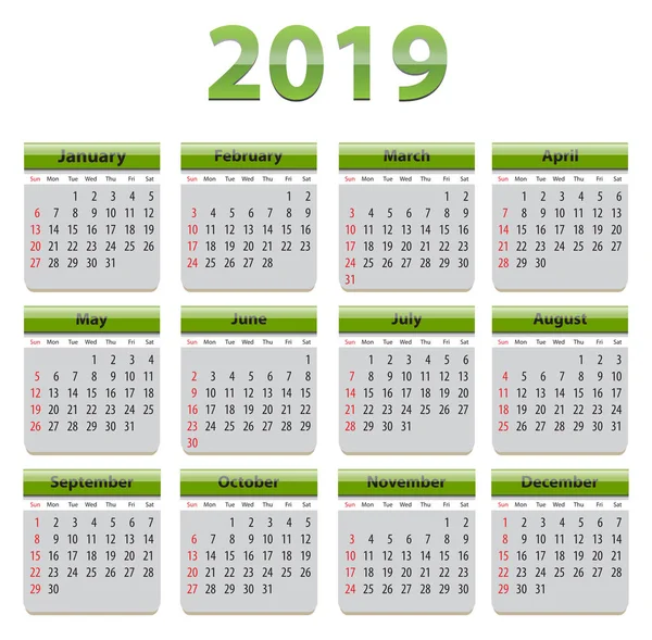 Zelená Kalendář Pro Rok 2019 Anglickém Jazyce Zelené Lesklé Prvky — Stockový vektor