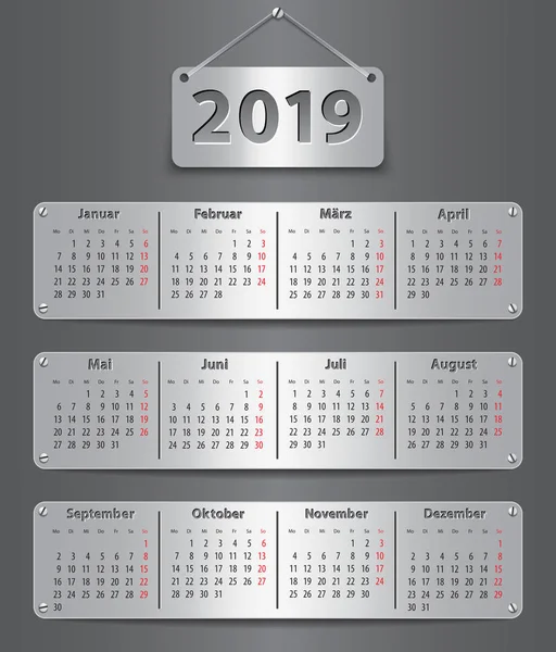 Kalendář Rok 2019 Němčině Připojené Kovové Tablety Vektorové Ilustrace — Stockový vektor