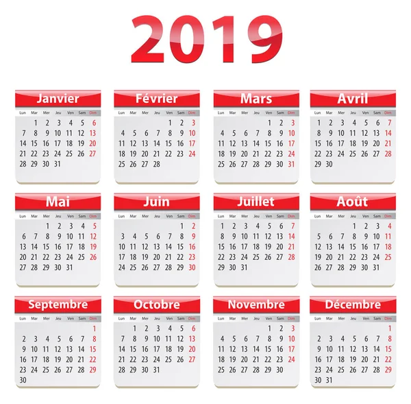 Kalendář Rok 2019 Francouzštině Vektorové Ilustrace — Stockový vektor