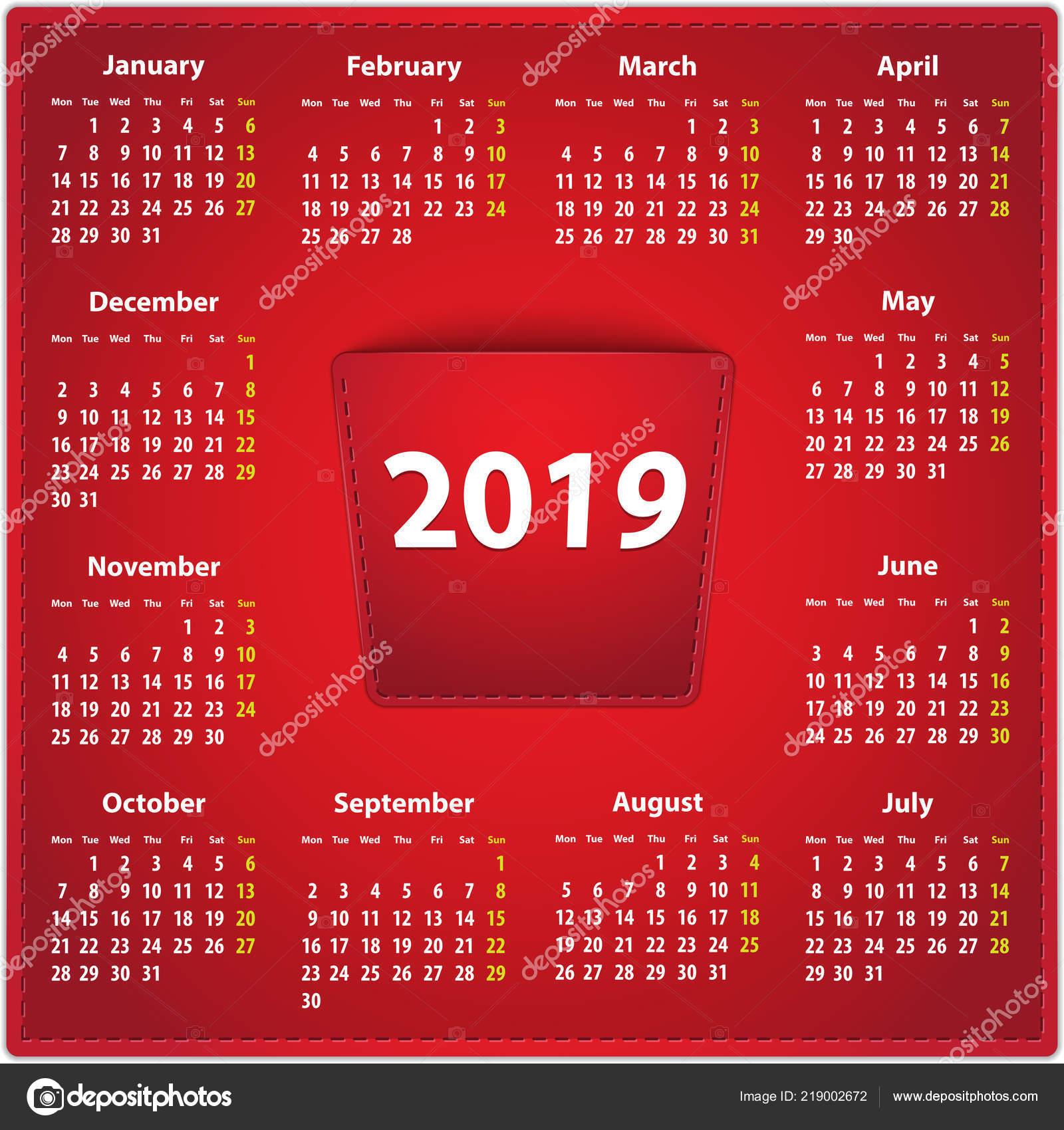 Red Calendar 2019 Year English Leather Background 2018 Pocket Vector