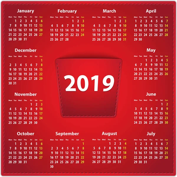 Calendario Rojo Para 2019 Año Inglés Sobre Fondo Cuero Con — Archivo Imágenes Vectoriales