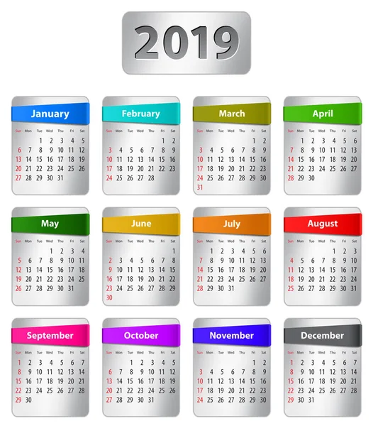 Calendario 2019 Anno Inglese Con Adesivi Colorati Illustrazione Vettoriale — Vettoriale Stock
