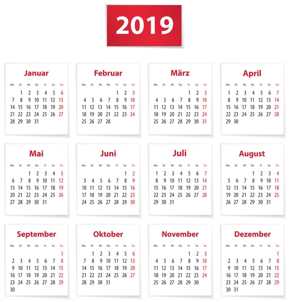 Kalendář Rok 2019 Německém Jazyce Bílém Papíře Vektorové Ilustrace — Stockový vektor