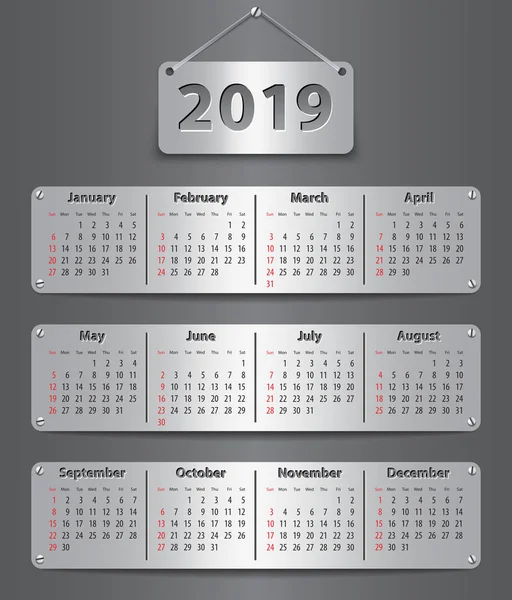 Calendario 2019 Año Inglés Adjunto Con Tabletas Metálicas Ilustración Vectorial — Archivo Imágenes Vectoriales