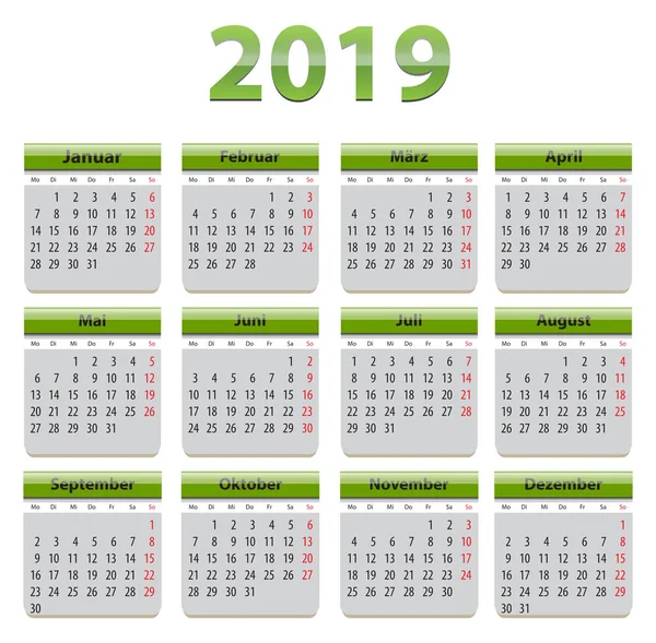 Zelená Kalendář Pro Rok 2019 Německém Jazyce — Stockový vektor