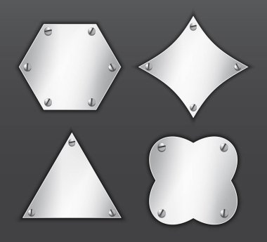 Metal simgeleri vida ile bağlı farklı şekillerde. Üçgen, rhombus, altıgen. Boş düğme. Vektör çizim