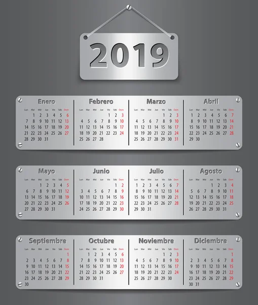 Kalender För 2019 Spanska Med Bifogade Metalliska Tabletter Vektorillustration — Stock vektor