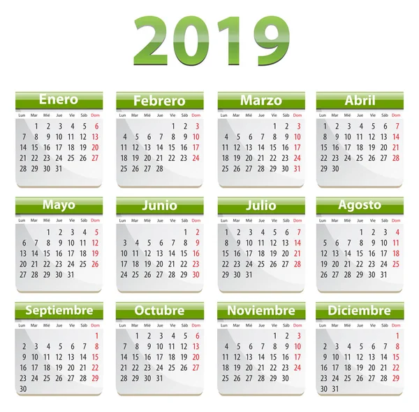 Calendario Verde Para 2019 Año Idioma Español Ilustración Vectorial Gráficos Vectoriales