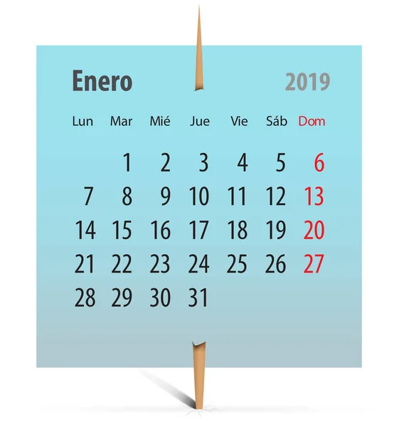 Календар Січень 2019 Рік Іспанськи Наклейці Додається Зубочисткою Векторні Ілюстрації — стоковий вектор