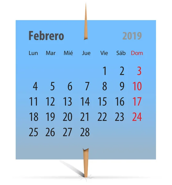 Календар Лютого 2019 Року Іспанськи Синій Стікер Додається Зубочисткою Векторні — стоковий вектор