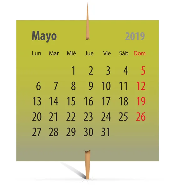 Іспанська Календар Травня 2019 Зелений Наліпці Яку Прикріплено Зубочисткою Векторні — стоковий вектор