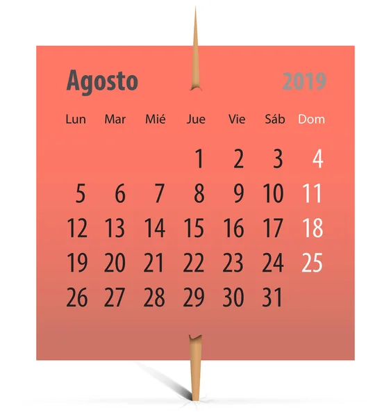 Іспанська Календар Серпня 2019 Наклейці Додається Зубочисткою Векторні Ілюстрації — стоковий вектор