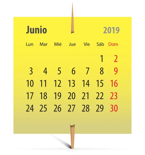 Іспанська Календар Червня 2019 Жовту Наклейку Зубочисткою Векторні Ілюстрації — стоковий вектор