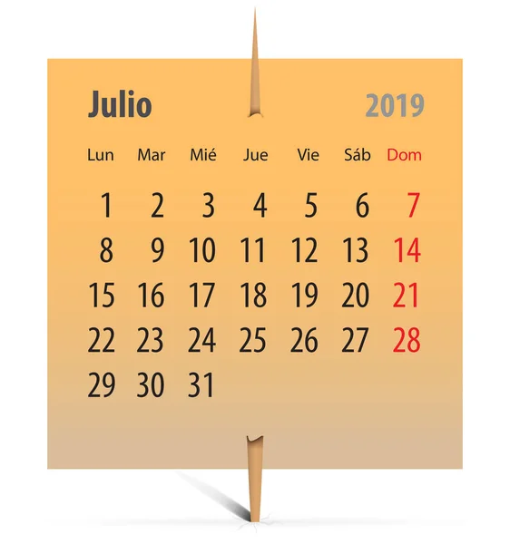 Іспанська Календар Липня 2019 Помаранчевий Наклейку Зубочисткою Векторні Ілюстрації — стоковий вектор