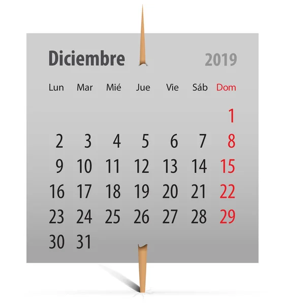 Іспанська Календар 2019 Гру Сірому Наліпці Яку Прикріплено Зубочисткою Векторні — стоковий вектор